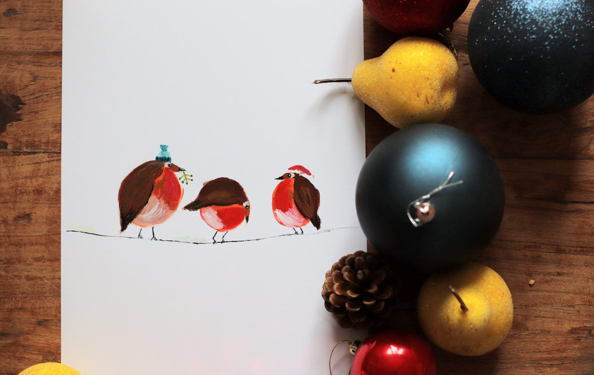 Jingle All The Way - Handpainted Robins - Christmas Card